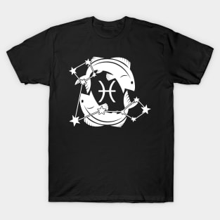 Pisces - Zodiac Astrology Symbol with Constellation and Fish Design (Symbol Only - White on Black Variant) T-Shirt